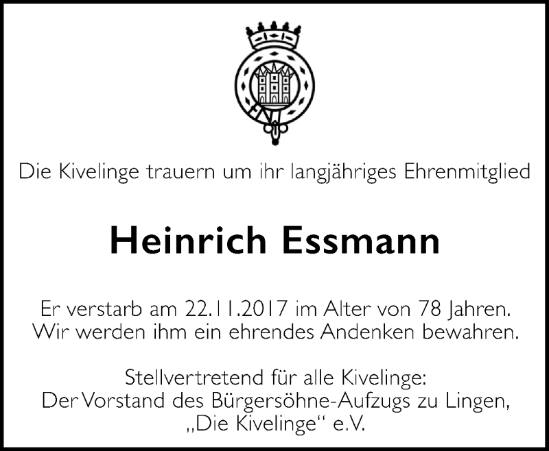  Traueranzeige für Heinrich Essmann vom 01.12.2017 aus Neue Osnabrücker Zeitung GmbH & Co. KG
