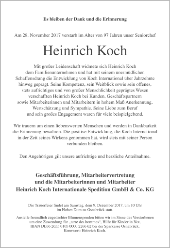 Traueranzeige von Heinrich Koch von Neue Osnabrücker Zeitung GmbH & Co. KG