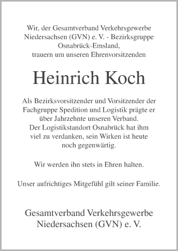 Traueranzeige von Heinrich Koch von Neue Osnabrücker Zeitung GmbH & Co. KG