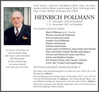 Traueranzeige von Heinrich Pollmann von Neue Osnabrücker Zeitung GmbH & Co. KG