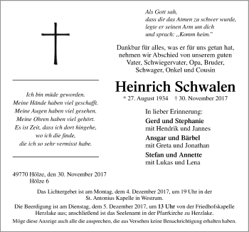 Traueranzeige von Heinrich Schwalen von Neue Osnabrücker Zeitung GmbH & Co. KG