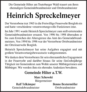 Traueranzeige von Heinrich Spreckelmeyer von Neue Osnabrücker Zeitung GmbH & Co. KG