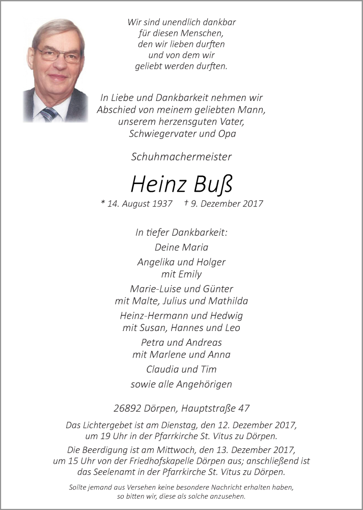  Traueranzeige für Heinz Buß vom 11.12.2017 aus Neue Osnabrücker Zeitung GmbH & Co. KG