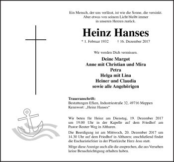 Traueranzeige von Heinz Hanses von Neue Osnabrücker Zeitung GmbH & Co. KG