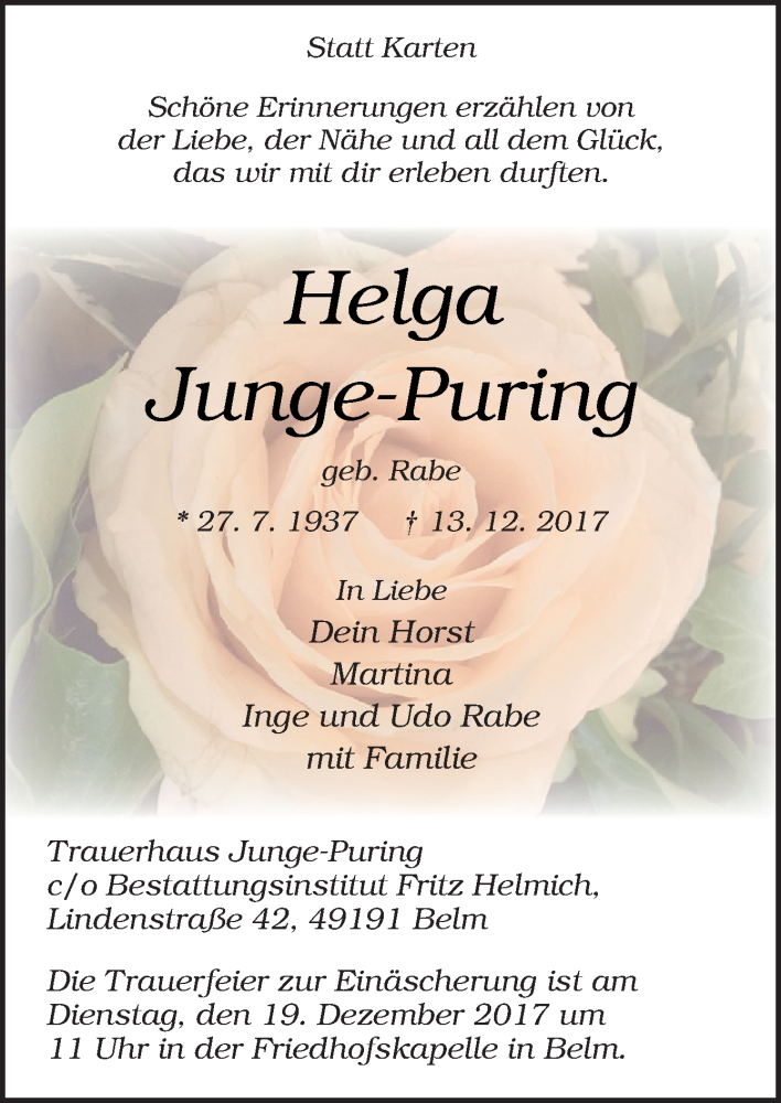  Traueranzeige für Helga Junge-Puring vom 16.12.2017 aus Neue Osnabrücker Zeitung GmbH & Co. KG