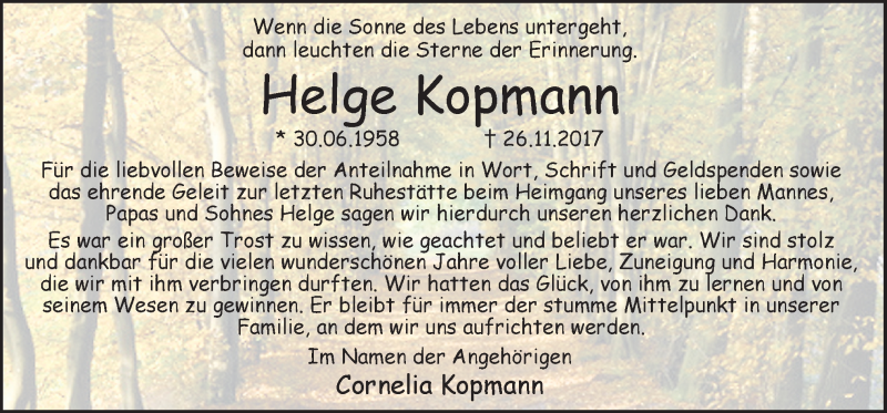  Traueranzeige für Helge Kopmann vom 23.12.2017 aus Neue Osnabrücker Zeitung GmbH & Co. KG