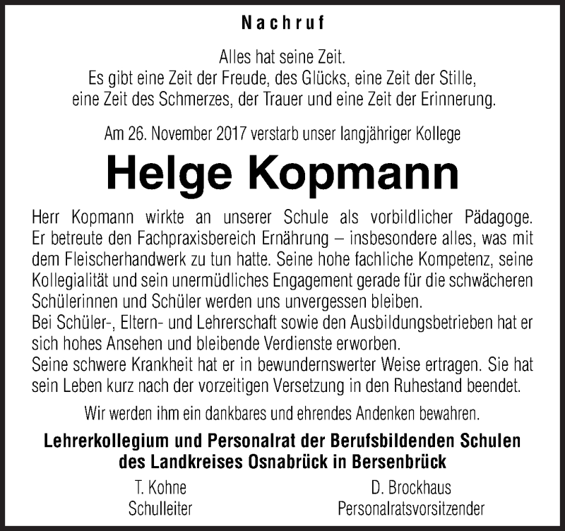  Traueranzeige für Helge Kopmann vom 02.12.2017 aus Neue Osnabrücker Zeitung GmbH & Co. KG