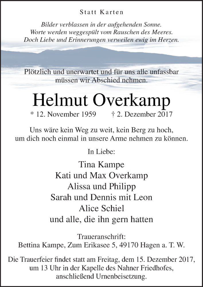  Traueranzeige für Helmut Overkamp vom 09.12.2017 aus Neue Osnabrücker Zeitung GmbH & Co. KG