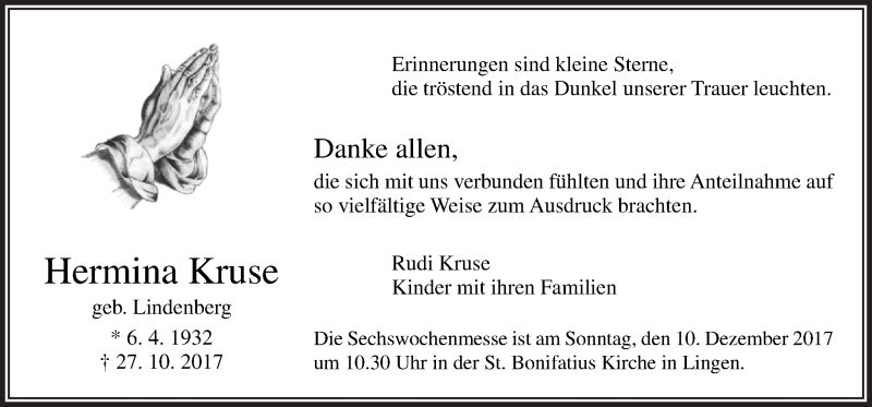  Traueranzeige für Hermina Kruse vom 02.12.2017 aus Neue Osnabrücker Zeitung GmbH & Co. KG