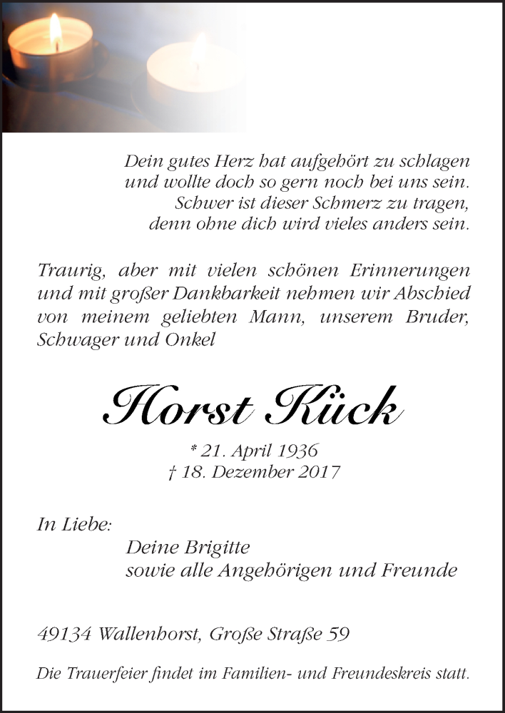  Traueranzeige für Horst Kück vom 21.12.2017 aus Neue Osnabrücker Zeitung GmbH & Co. KG