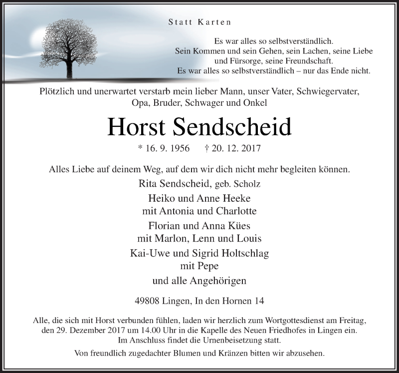  Traueranzeige für Horst Sendscheid vom 23.12.2017 aus Neue Osnabrücker Zeitung GmbH & Co. KG
