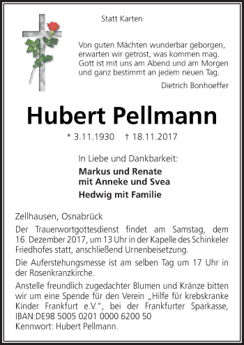 Traueranzeige von Hubert Pellmann von Neue Osnabrücker Zeitung GmbH & Co. KG