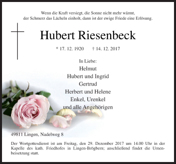 Traueranzeige von Hubert Riesenbeck von Neue Osnabrücker Zeitung GmbH & Co. KG