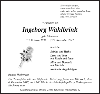 Traueranzeige von Ingeborg Wahlbrink von Neue Osnabrücker Zeitung GmbH & Co. KG