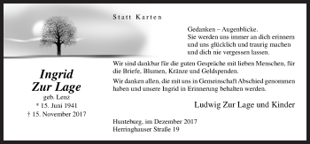 Traueranzeige von Ingrid  Zur Lage von Neue Osnabrücker Zeitung GmbH & Co. KG