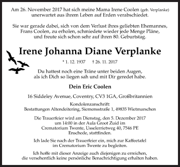 Traueranzeige von Irene Johanna Diane Coolen von Neue Osnabrücker Zeitung GmbH & Co. KG