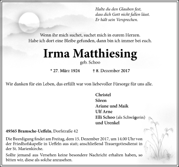 Traueranzeige von Irma Matthiesing von Neue Osnabrücker Zeitung GmbH & Co. KG