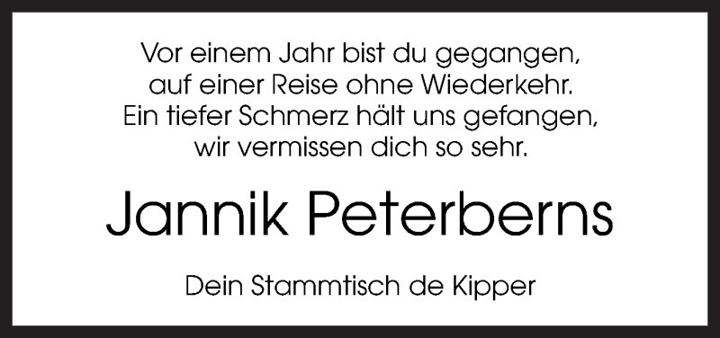  Traueranzeige für Jannik Peterberns vom 02.12.2017 aus Neue Osnabrücker Zeitung GmbH & Co. KG