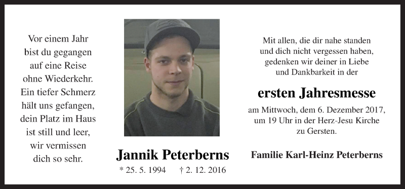  Traueranzeige für Jannik Peterberns vom 02.12.2017 aus Neue Osnabrücker Zeitung GmbH & Co. KG