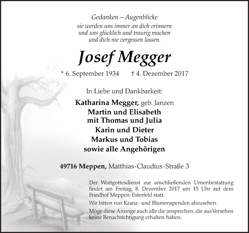  Traueranzeige für Josef Megger vom 06.12.2017 aus Neue Osnabrücker Zeitung GmbH & Co. KG