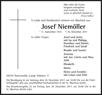 Traueranzeige von Josef Niemöller von Neue Osnabrücker Zeitung GmbH & Co. KG