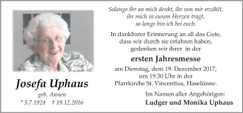 Traueranzeige von Josefa Uphaus von Neue Osnabrücker Zeitung GmbH & Co. KG