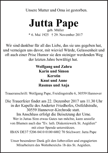 Traueranzeige von Jutta Pape von Neue Osnabrücker Zeitung GmbH & Co. KG