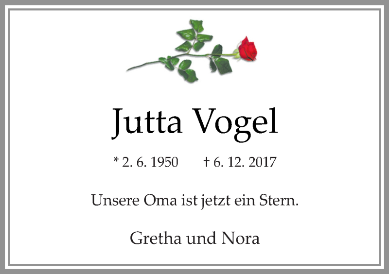  Traueranzeige für Jutta Vogel vom 14.12.2017 aus Neue Osnabrücker Zeitung GmbH & Co. KG