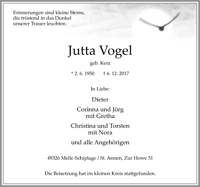  Traueranzeige für Jutta Vogel vom 14.12.2017 aus Neue Osnabrücker Zeitung GmbH & Co. KG