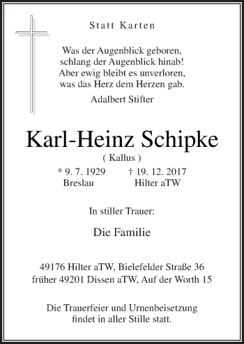 Traueranzeige von Karl-Heinz Schipke von Neue Osnabrücker Zeitung GmbH & Co. KG