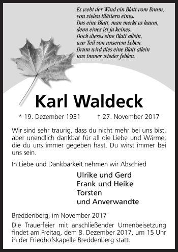 Traueranzeige von Karl Waldeck von Neue Osnabrücker Zeitung GmbH & Co. KG