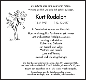 Traueranzeige von Kurt Rudolph von Neue Osnabrücker Zeitung GmbH & Co. KG