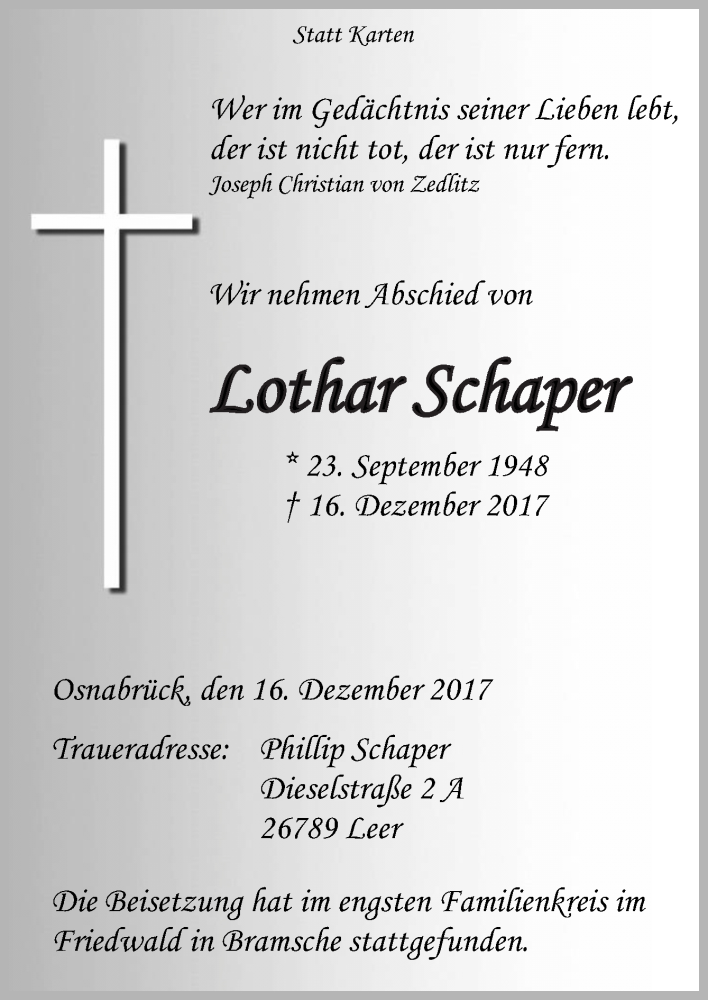  Traueranzeige für Lothar Schaper vom 30.12.2017 aus Neue Osnabrücker Zeitung GmbH & Co. KG