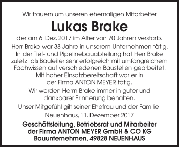 Traueranzeige von Lukas Brake von Neue Osnabrücker Zeitung GmbH & Co. KG