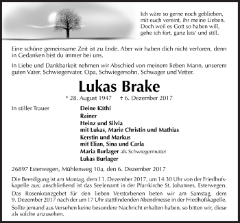 Traueranzeige von Lukas Brake von Neue Osnabrücker Zeitung GmbH & Co. KG