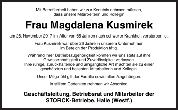 Traueranzeige von Magdalena Kusmirek von Neue Osnabrücker Zeitung GmbH & Co. KG