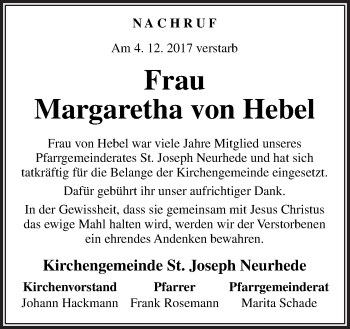 Traueranzeige von Margaretha von Hebel von Neue Osnabrücker Zeitung GmbH & Co. KG