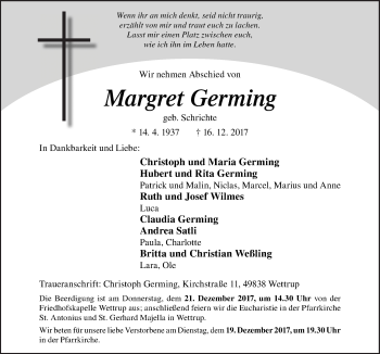 Traueranzeige von Margret Germing von Neue Osnabrücker Zeitung GmbH & Co. KG