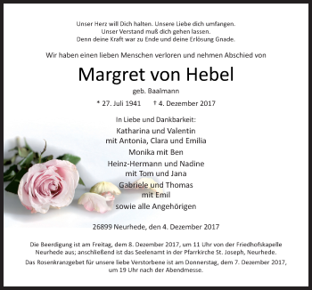 Traueranzeige von Margret von Hebel von Neue Osnabrücker Zeitung GmbH & Co. KG