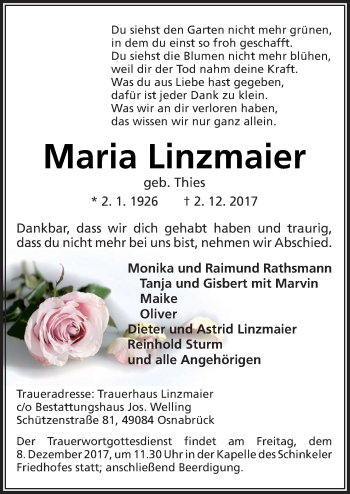 Traueranzeige von Maria Linzmaier von Neue Osnabrücker Zeitung GmbH & Co. KG