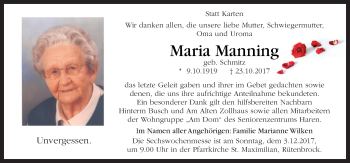 Traueranzeige von Maria Manning von Neue Osnabrücker Zeitung GmbH & Co. KG