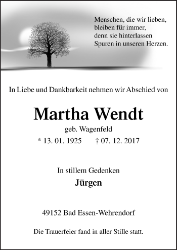 Traueranzeige von Martha Wendt von Neue Osnabrücker Zeitung GmbH & Co. KG