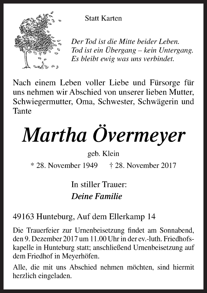  Traueranzeige für Martha Övermeyer vom 02.12.2017 aus Neue Osnabrücker Zeitung GmbH & Co. KG