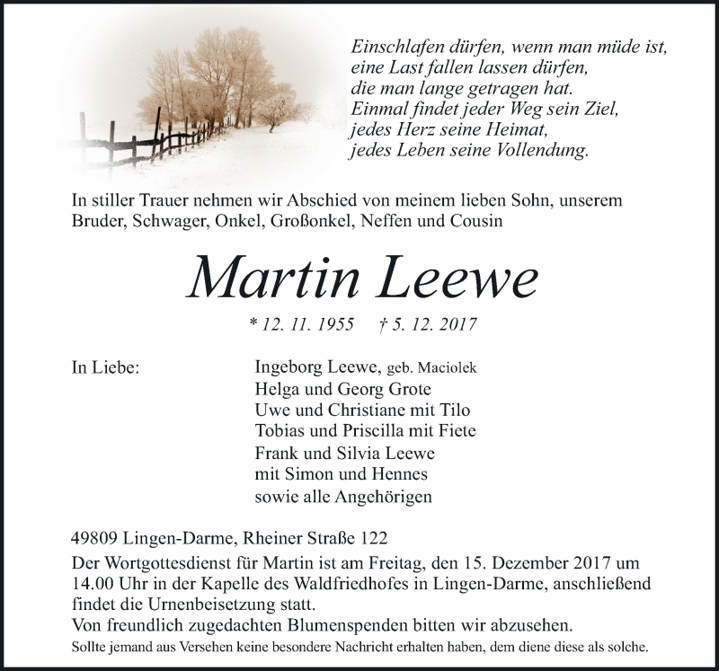  Traueranzeige für Martin Leewe vom 11.12.2017 aus Neue Osnabrücker Zeitung GmbH & Co. KG