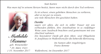 Traueranzeige von Mathilde Remme von Neue Osnabrücker Zeitung GmbH & Co. KG