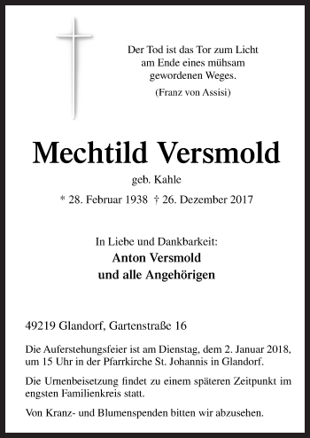 Traueranzeige von Mechtild Versmold von Neue Osnabrücker Zeitung GmbH & Co. KG