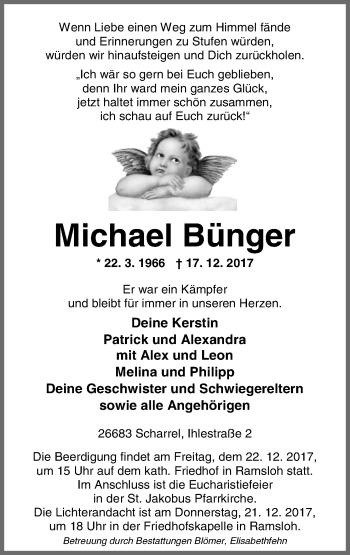 Traueranzeige von Michael Bünger von Neue Osnabrücker Zeitung GmbH & Co. KG