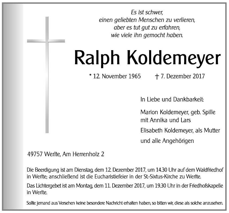  Traueranzeige für Ralph Koldemeyer vom 09.12.2017 aus Neue Osnabrücker Zeitung GmbH & Co. KG