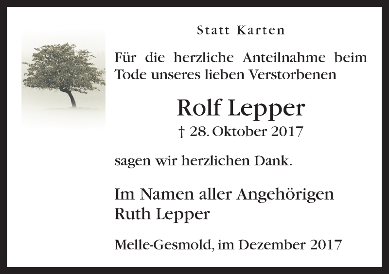 Traueranzeige für Rolf Lepper vom 02.12.2017 aus Neue Osnabrücker Zeitung GmbH & Co. KG