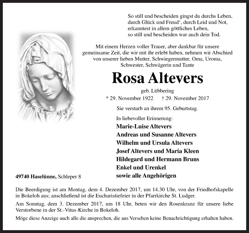  Traueranzeige für Rosa Altevers vom 01.12.2017 aus Neue Osnabrücker Zeitung GmbH & Co. KG